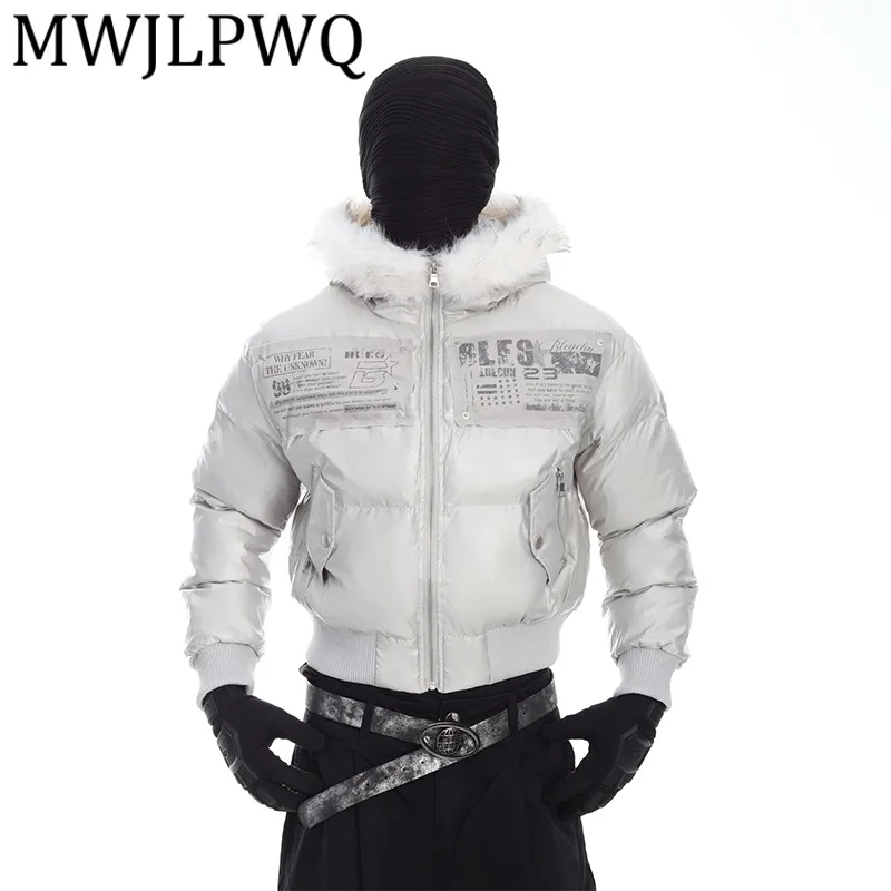 

MWJLPWQ Spliced Patch Niche Design Patchwork Hooded Furry Collar Short Cotton Coat Men's Street Winter Thickened Warm Tops 12798