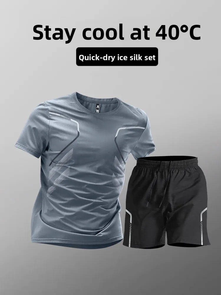 

Ice Silk Sports Casual Set Men's Summer Running Fitn Qui Dry T-irt ort Sve orts Badminton Training Wear
