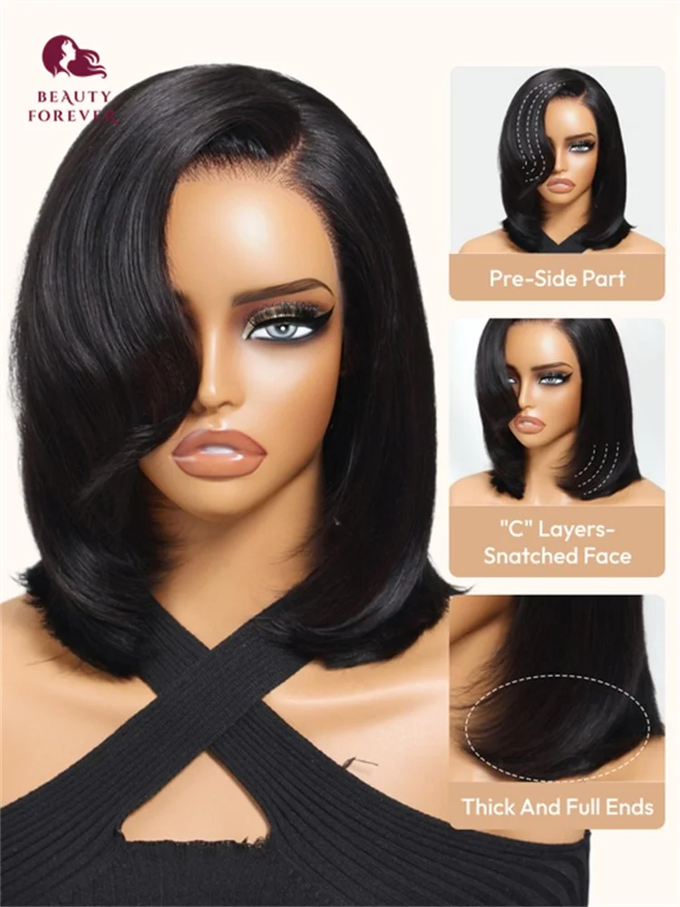 

Beautyforever Side Bangs Short BOB Human Hair Wig 7x5 Bye Bye Knots 3.0 Pre Cut Transparent Lace Glueless Bob Wig Ready to Wear