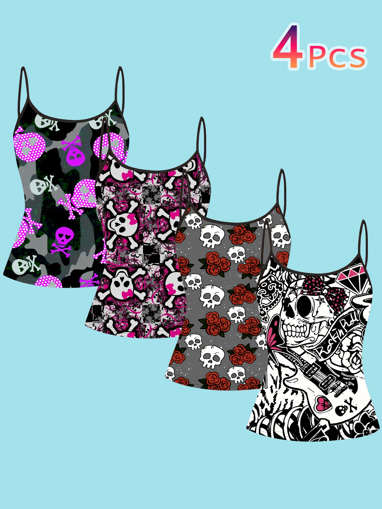 4-Piece Set of Rock-Style Skull Rose Camisole Tops for Women, Y2K Pink and Purple Camouflage Guitar Graffiti Slim-Fit Spaghetti Strap Tops