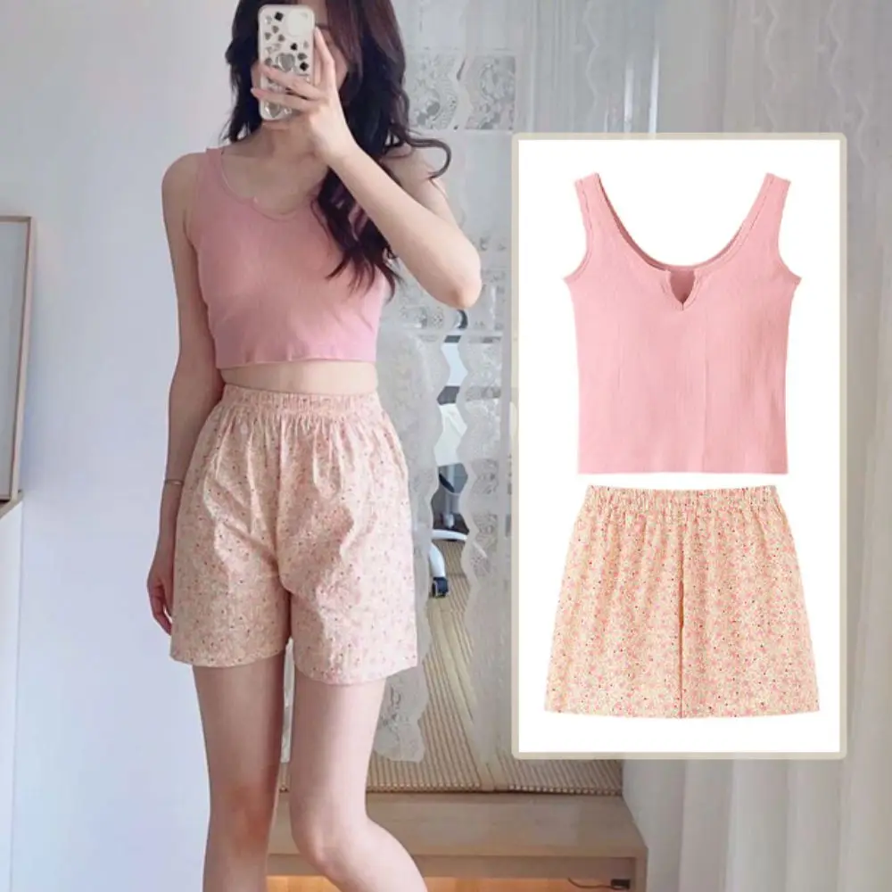 

Korean Style Plaid Floral Striped Pajamas Sleeveless V-neck Shorts Camisole Suit Home Clothes Sweet Flower Pajama Sets Female