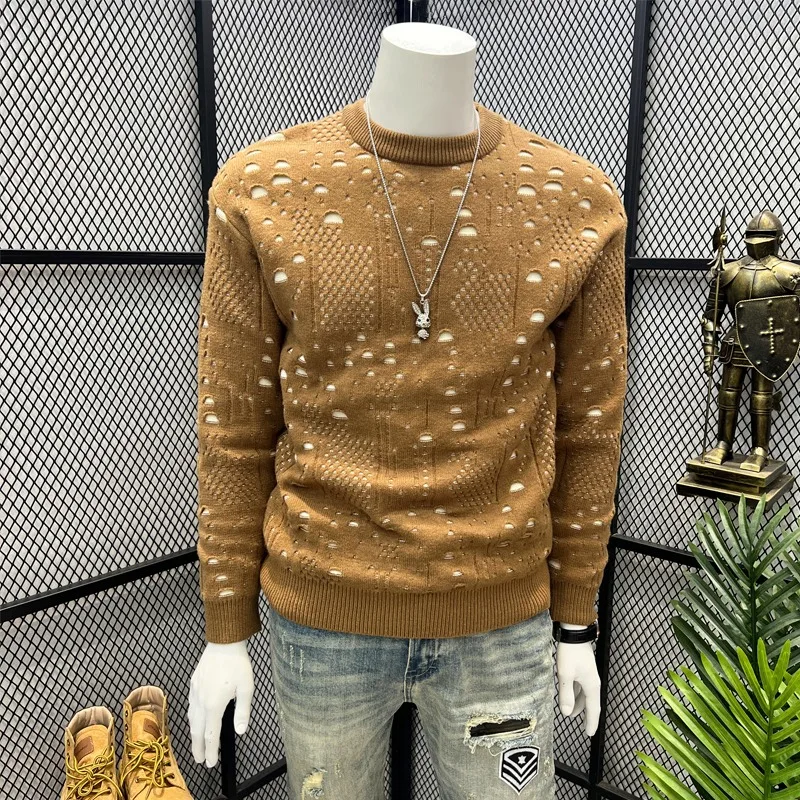 

Brown Round-neck Sweater for Men's Autumn Winter with Cool Stylish Cutout Perforated Quality Knit Sweater Warm Sweaters for Men