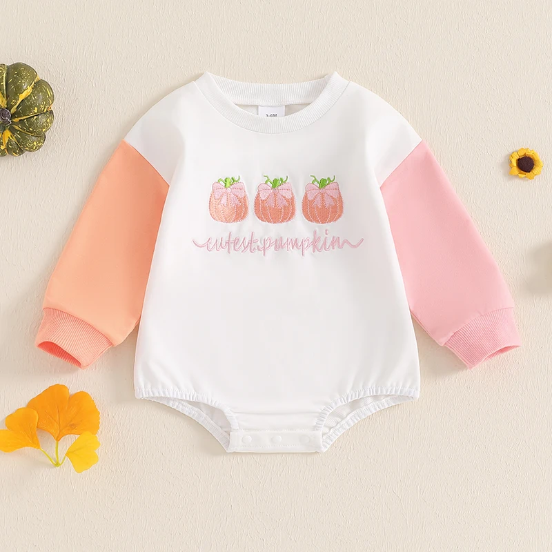 Baby Girl Halloween Romper Pumpkin Bow Embroidery Contrast Long Sleeve Fall Winter Cute Loose Sweatshirt Jumpsuit