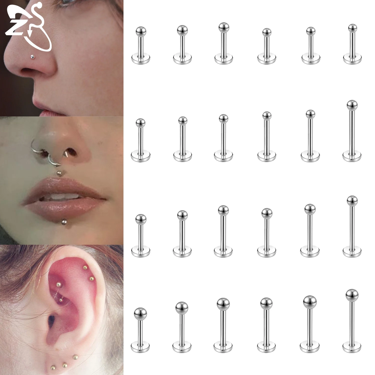 ZS 1 PC 16G/18G Internal Thread Stainless Steel Labret Lip Studs 2/3/4MM Round Ball Stud Earring Conch Helix Cartilage Piercings