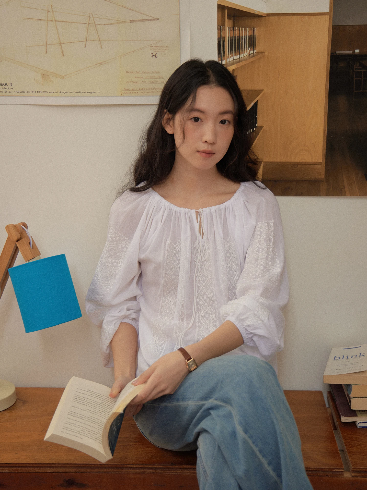 

Sullenger Pure Cotton White Lazy Style Drawstring round Neck Embroidered Shirt Women Summer Lantern Sleeve Design Sensation S...