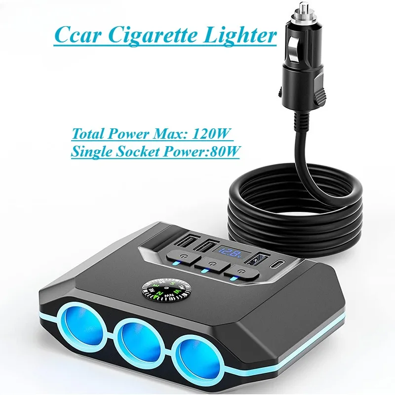 

Сверхбыстрое автомобильное зарядное устройство мощностью 120 Вт с дисплеем напряжения и переключателем, адаптером прикуривателя с 4 USB и 3 розетками для зарядки нескольких устройств
