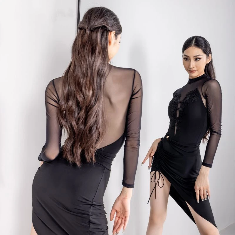 Latin Dance Kleding Top Vrouwen Volwassen Nieuwe Lange mouwen Mesh Dans Oefening Kleding Senior Art Onderzoek Dans Kleding Top
