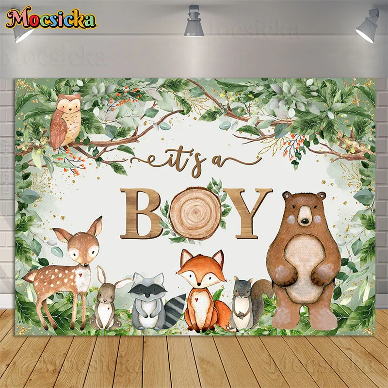 

Woodland Baby Shower Backdrops It's A Boy Green Leaves Bear Foxes Owl Birthday Party Background Decoration Banner Photo Studio
