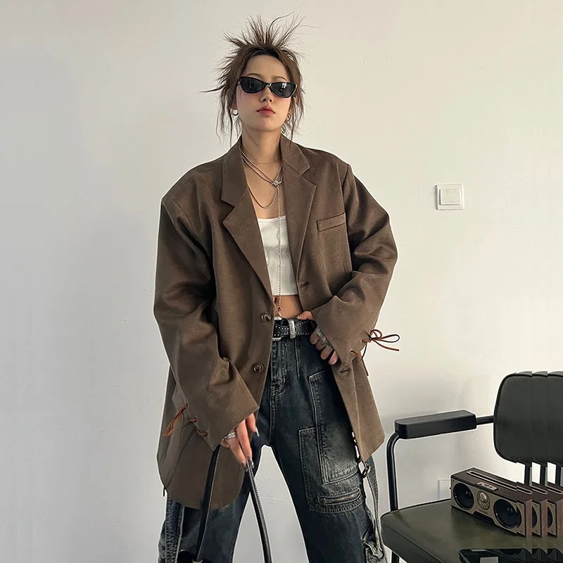 Spring Autumn Women Casual Coffee-color Suit Jacket Chic Cuff Lace-up Loose Notched Collar Long Sleeve Blazers Female Streetwear