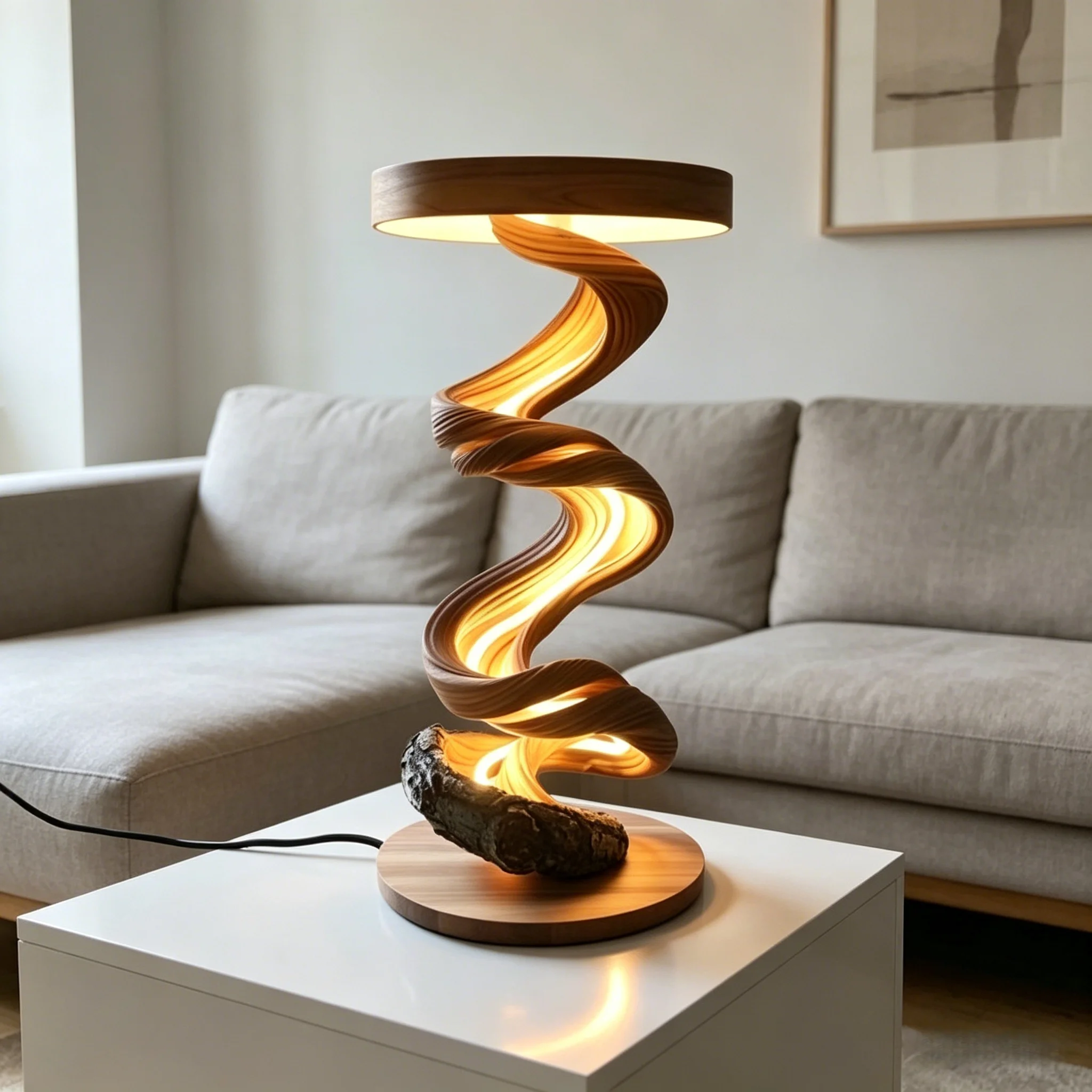 Handmade Engraved Wood Craft Spiral Lamp With Curved Grain And Natural Driftwood Base Modern Design H60cm Table Lighting