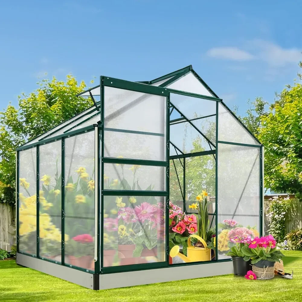 6x6x7 Greenhouse with Adjustable Roof Vent, Rain Gutter, Base and Anchor, Polycarbonate Aluminum Green House