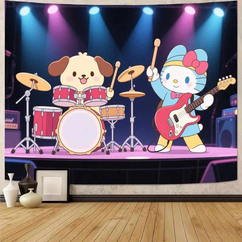 

1 шт. гобелен Sanrio Hello Kitty Pompompurin Rock Band, современное музыкальное настенное искусство Kawaii для спальни, гостиной, декора, подарок.