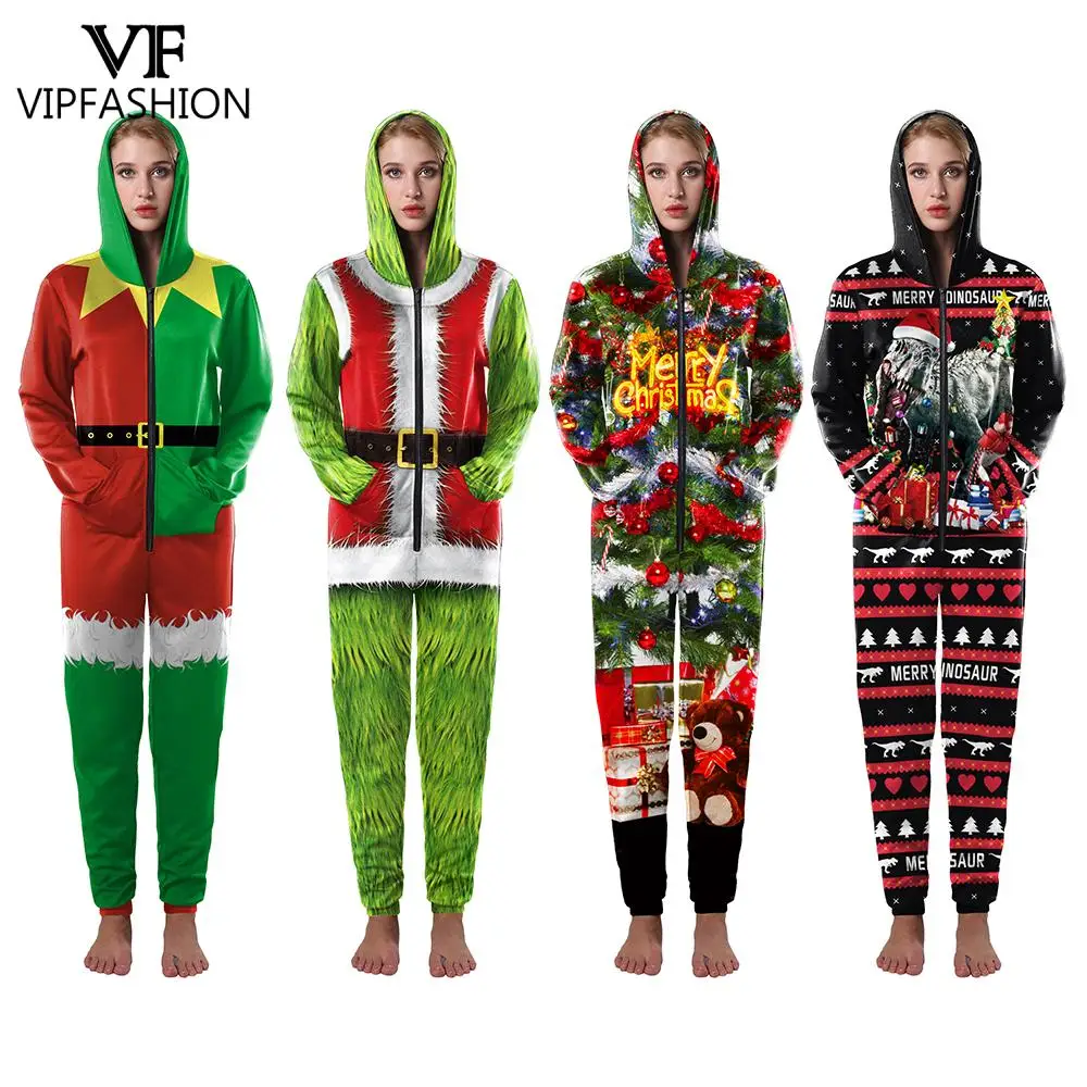 Vip Mode Kerst Pyjama 3d Bedrukt Capuchon Jumpsuit Vrouw Man Lange Mouw Nachtkleding Loungewear Xmas Party Cosplay Kostuum