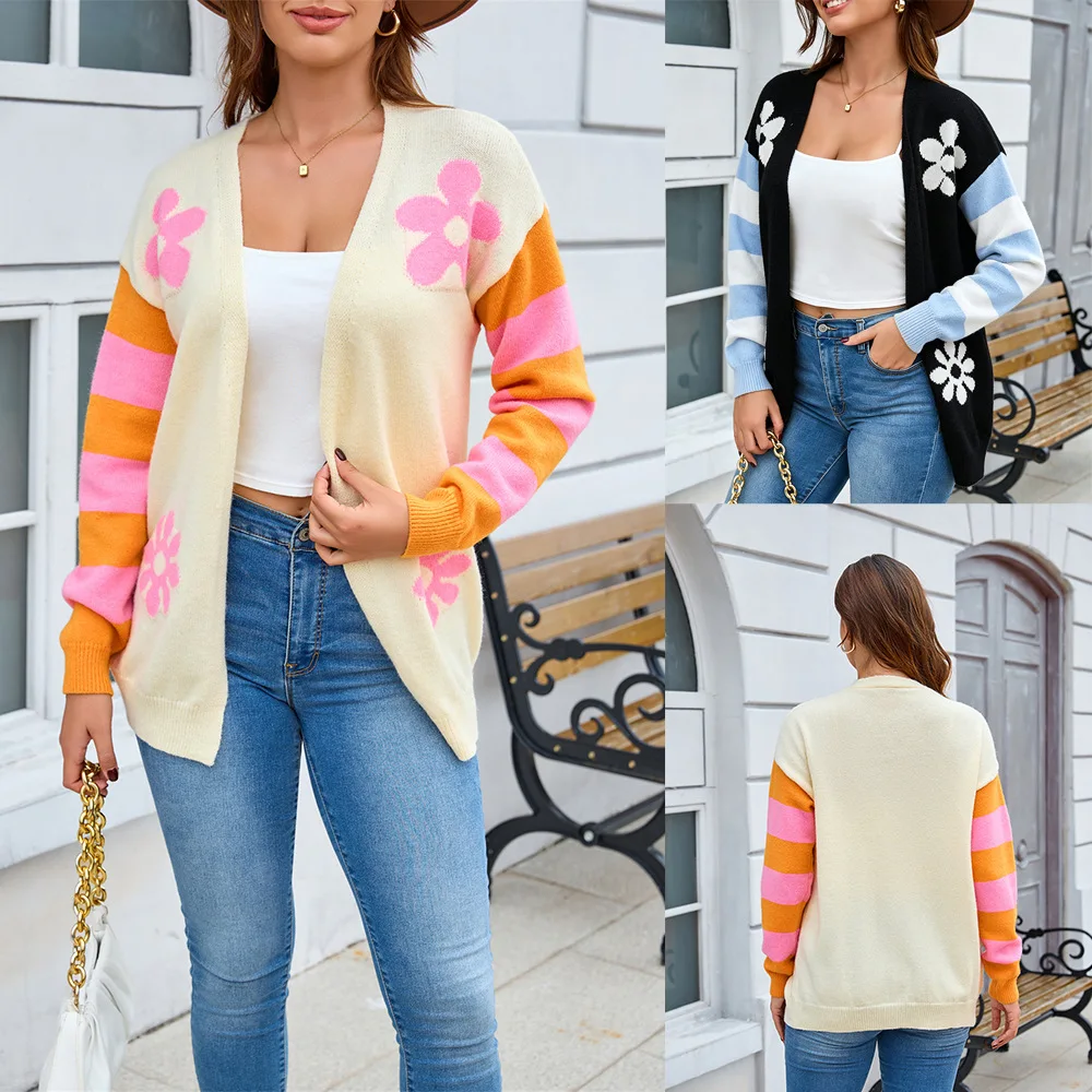MsChuh Women's Sweaters And Pullovers V Neck Open Cardigans Floral Print Knit Striped Sleeve Ropa Mujer Fashion Dating Clothes