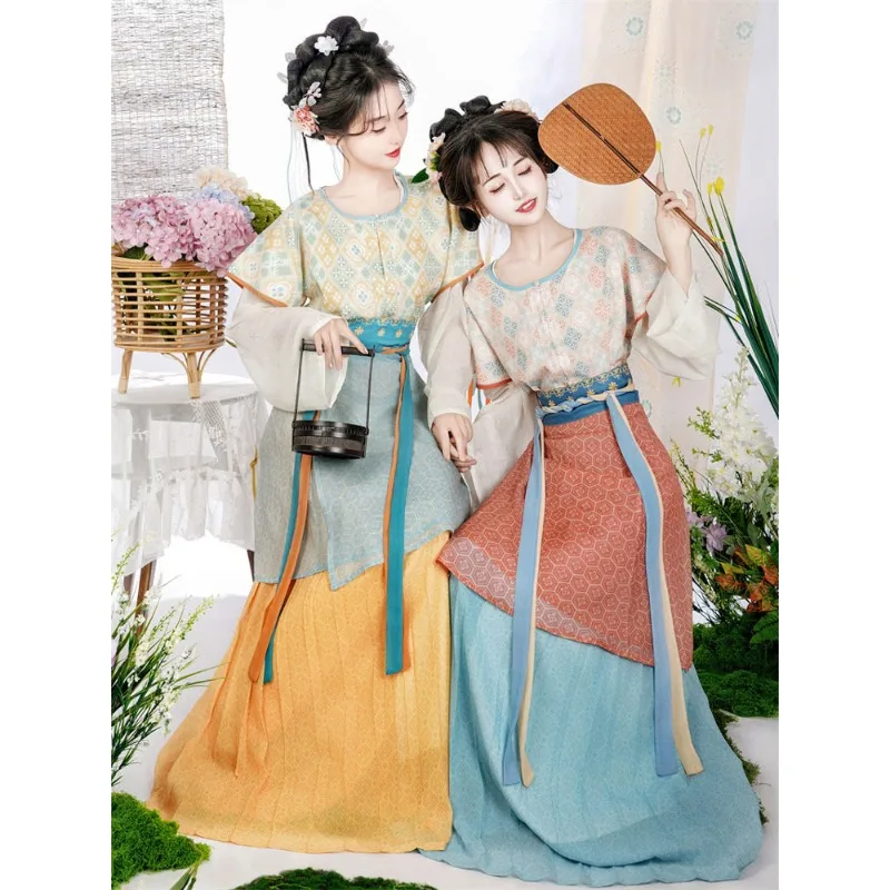 夏用唐風漢服プリント唐貝子ラウンドネックトップスウエストプリーツスカートセット