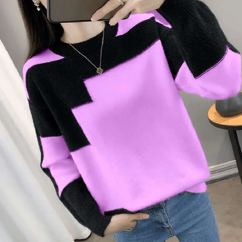 Fashion O-Neck Spliced Loose Korean Sweaters Female Clothing 2023 Autumn Winter Oversized All-match Pullovers Casual Tops