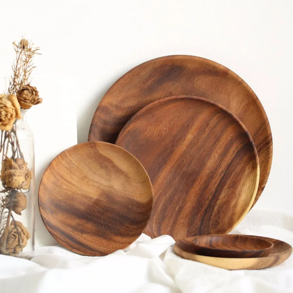 Acacia Wood Dinner Plates Round Wood Plates For Fruits Dishes Snacks Dessert Sushi Salad Tea Serving Tray Kitchen Tableware