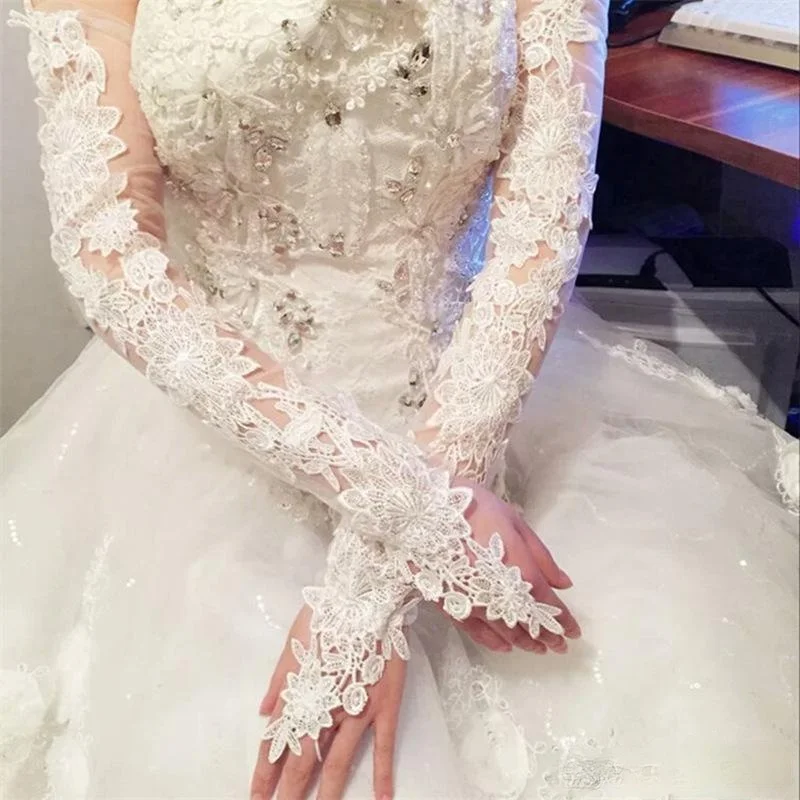 Red Long Lace Bride Bridal Gloves Wedding Gloves Lace Appliques Wedding Accessories Gloves for Brides Fingerless Above Elbow