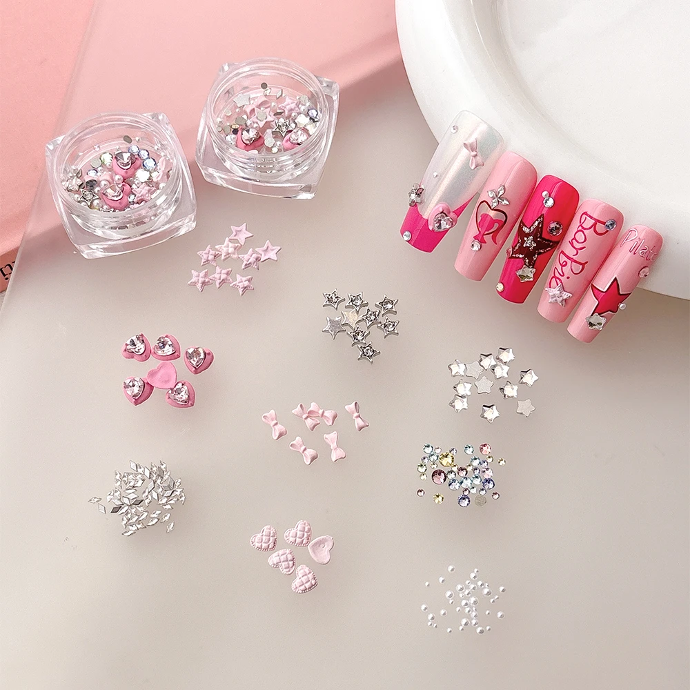 Zircon Nail Art Kit 3D Heart/Star/Bow Rhinestones Crystal Diamonds for Gel Nails Glitter Cat Eye Polish Decor DIY Manicure Set