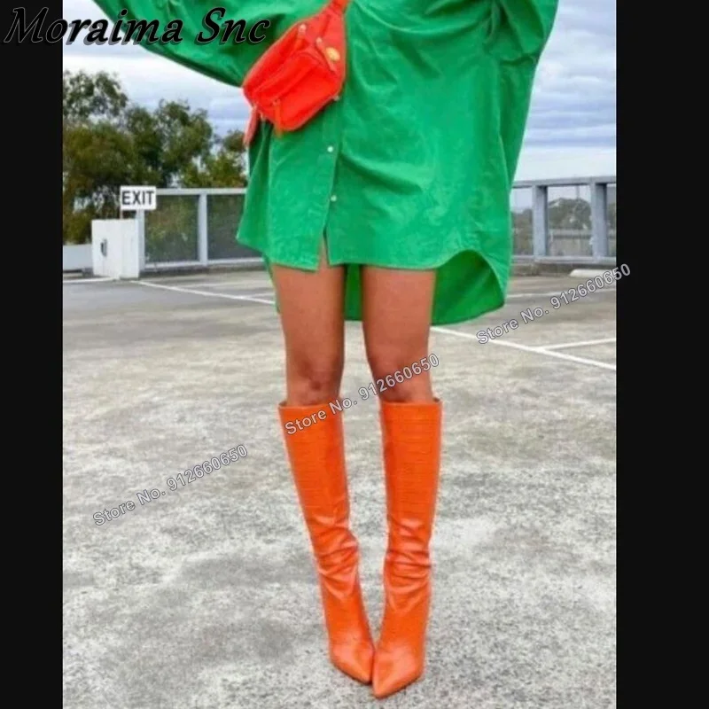 

Moraima Snc Orange Side Zipper Stone Print Boots for Women Pointed Toe Knee High Boots Stilettos High Heels Runway Shoes on Heel