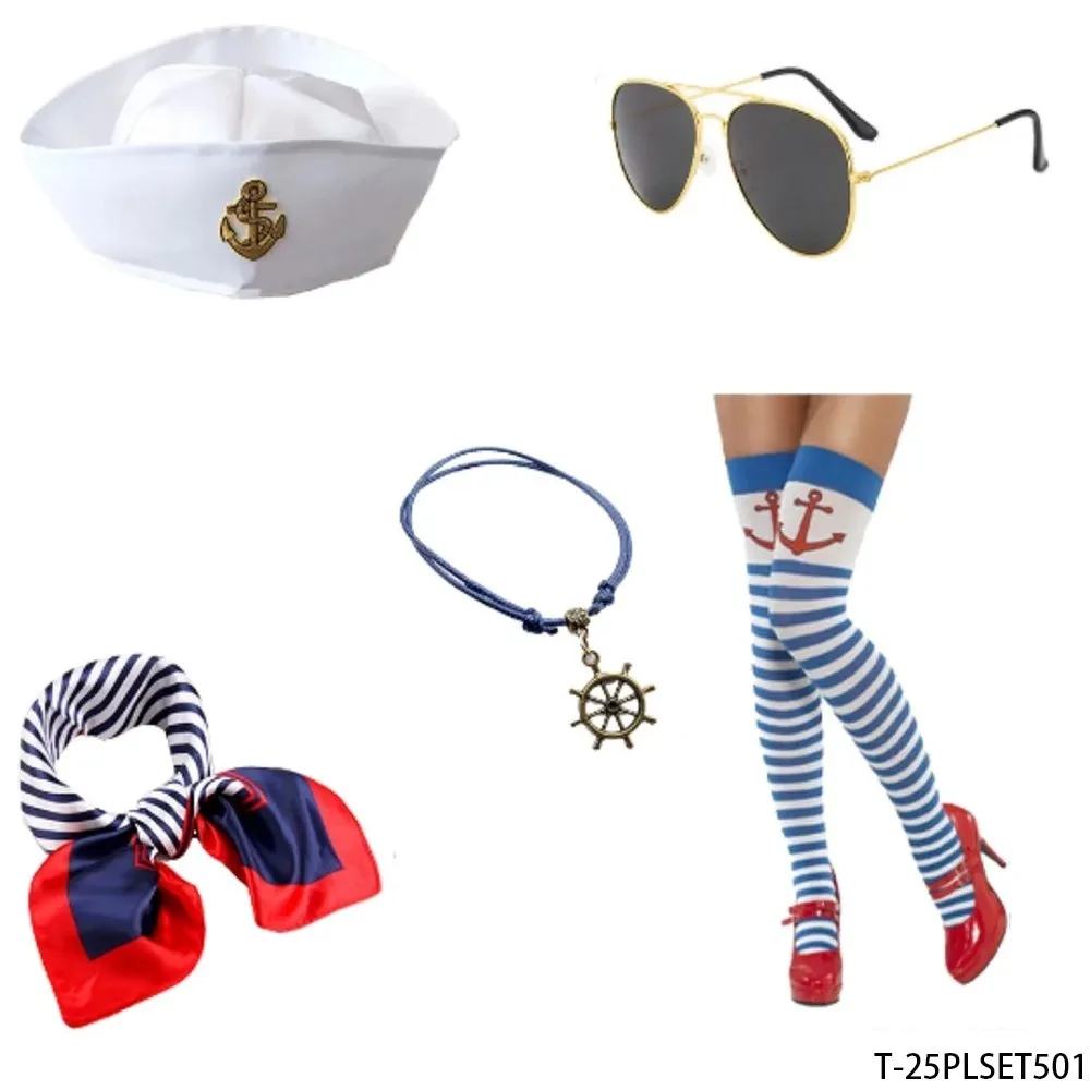 

PESENAR Это матросский тематический комплект включает темно-синюю шляпу, солнцезащитные очки, браслет, шарф и носки.