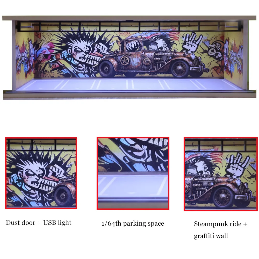 1/64 Scale LED Light Car Garage Diorama Display Model Set Miniature Parking Lot Collectible Gift for Model Enthusiasts