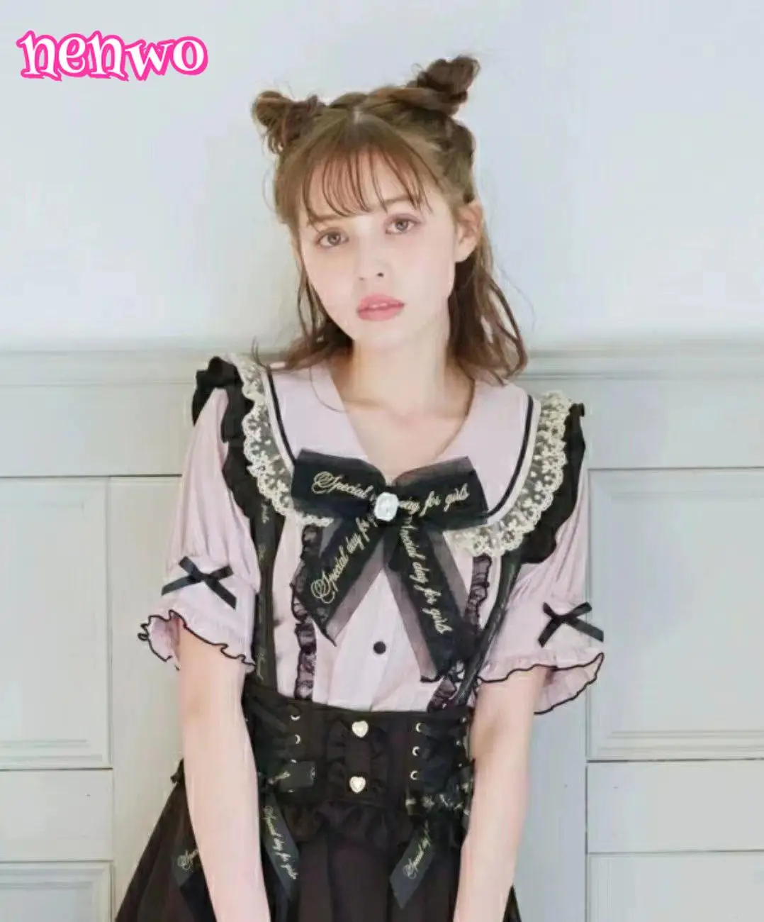 

Japanese Single Mine Lolita Long-Sleeve Shirt Lace Lace-up Heart Buckle Strap Skirt Set Women's Sweet Cute Bow Blouse Top Female