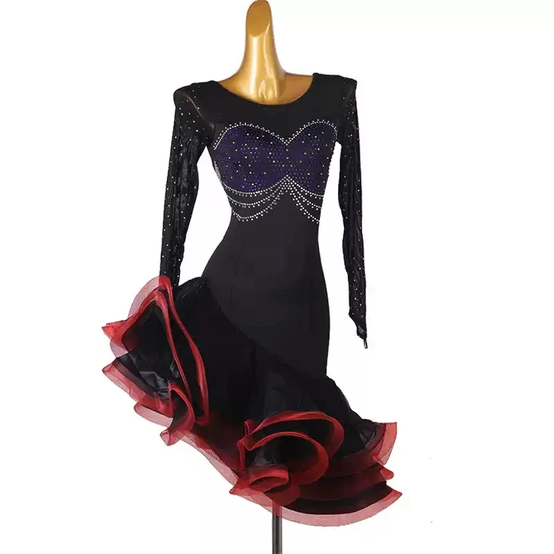 

Black Party Dress Latin Dance Clothes Women Stage Practice Costume Competition Prom Match Skirt Girls Sports Prom Suit Dancewear