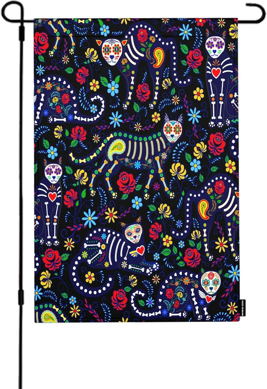 HGOD DESIGNS Calavera Cats Garden Flag 12x18 Inch Double Sided Sugar Skull Flower Skeleton Dia De Los Muertos Day Of The Dead Ho