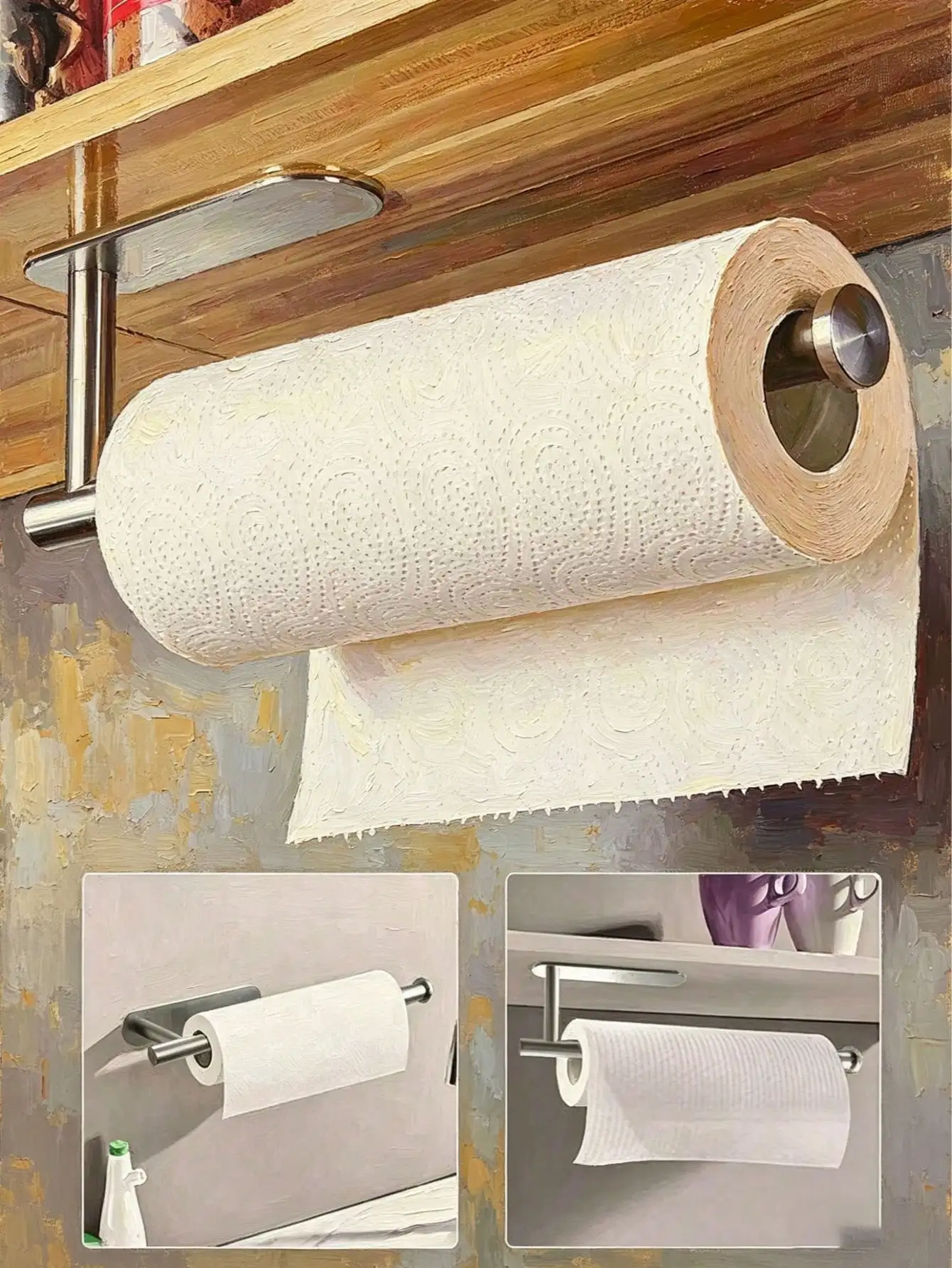 1 Piece Self-Adhesive Paper Towel Holder under Cabinet for Kitchen, Rv Bathroom, Storage Rack for Plastic Wrap and Paper Roll