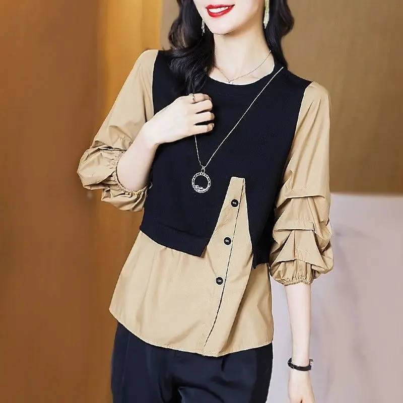 Fashion Button Spliced Irregular Fake Two Pieces Blouse Women\'s Clothing 2022 Autumn New Oversized Casual Pullovers Korean Shirt