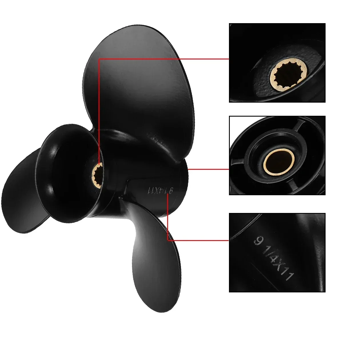 Black 3 Blades 13 Spline Tooth Outboard Propeller For Johnson/Evinrude/OMC 8-15HP 174817 / 778773 Aluminum Alloy 9 1/4 x 11