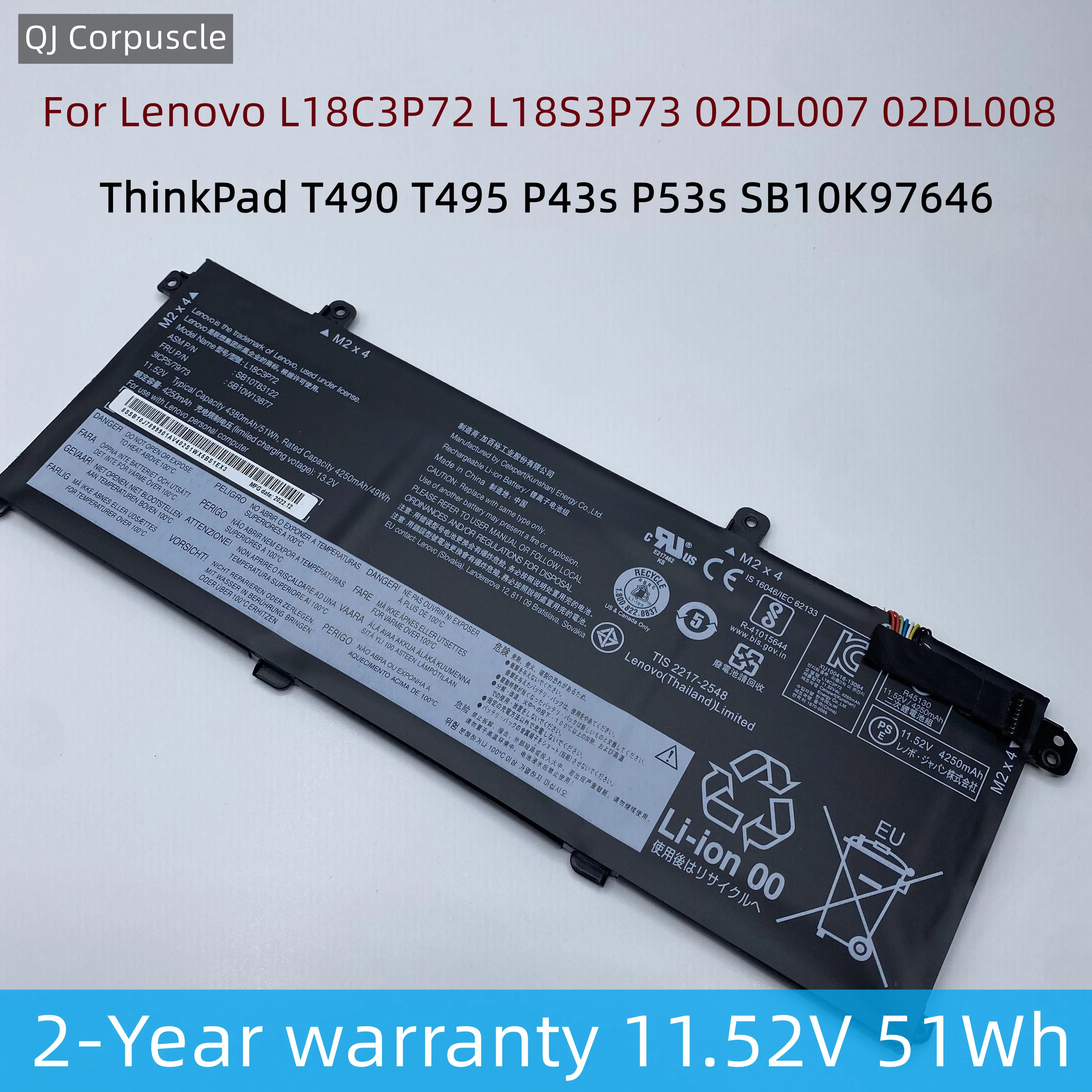 Batería Original para portátil Lenovo ThinkPad T490, T495, P43s, 02DL007, SB10T83122, 5B10W13877, L18M3P73, L18L3P73, L18C3P72, L18M3P72, nueva