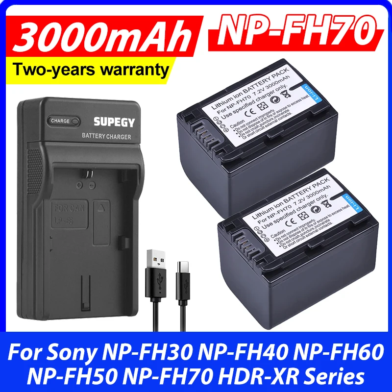 SUPEGY 3000mAh NP-FH70 NP FH70 Battery + USB Charger for Sony NP-FH30 NP-FH40 NP-FH60 NP-FH50 NP-FH70 HDR-XR Series