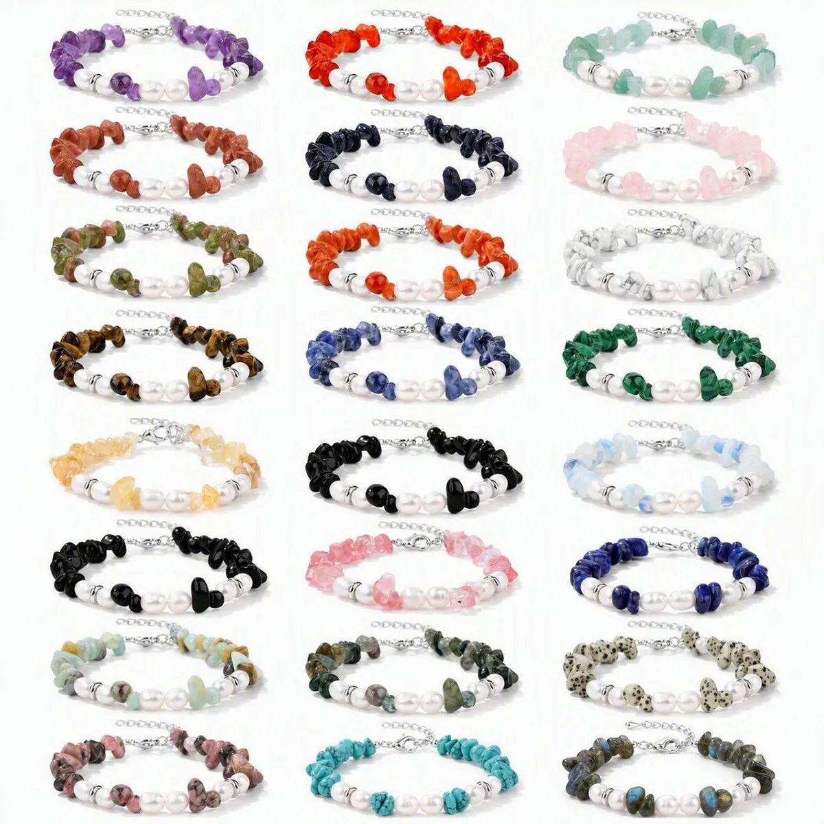 Handmade Healing Crystal Chip Bracelet with Freshwater Pearl Beads and SilverChain Women Fashion Stackable for Daily Wear