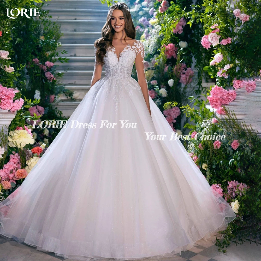 LORIE Arabia Abiti da sposa vintage in pizzo Bottoni senza schienale A-Line Applique Maniche lunghe Abito da sposa Abito da sposa principessa Personalizzato