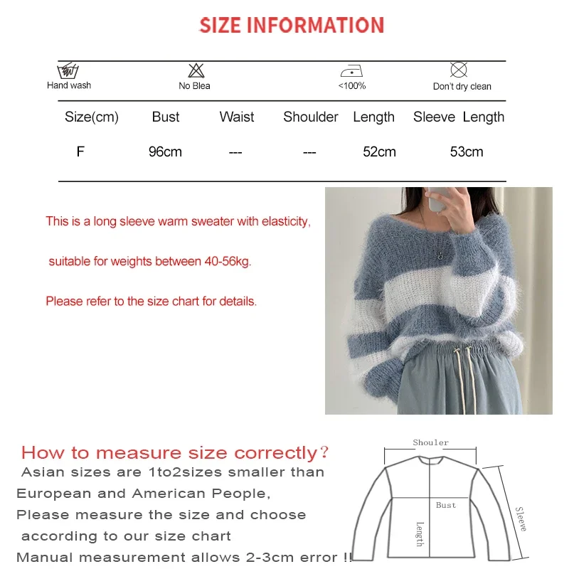 EVNISI Autumn Winter Women Striped Patchwork Sweater O-Neck Long Sleeve Mohair Elegant Pullovers Warm Loose Sweater Jumpers 2024