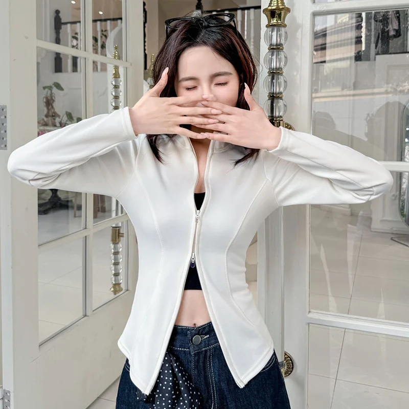 أنيقة سليم صالح سستة حتى السترات المرأة الكورية الأزياء الوقوف كولور كم طويل المحاصيل قمم امرأة الصلبة ضيق اليوغا معاطف قصيرة