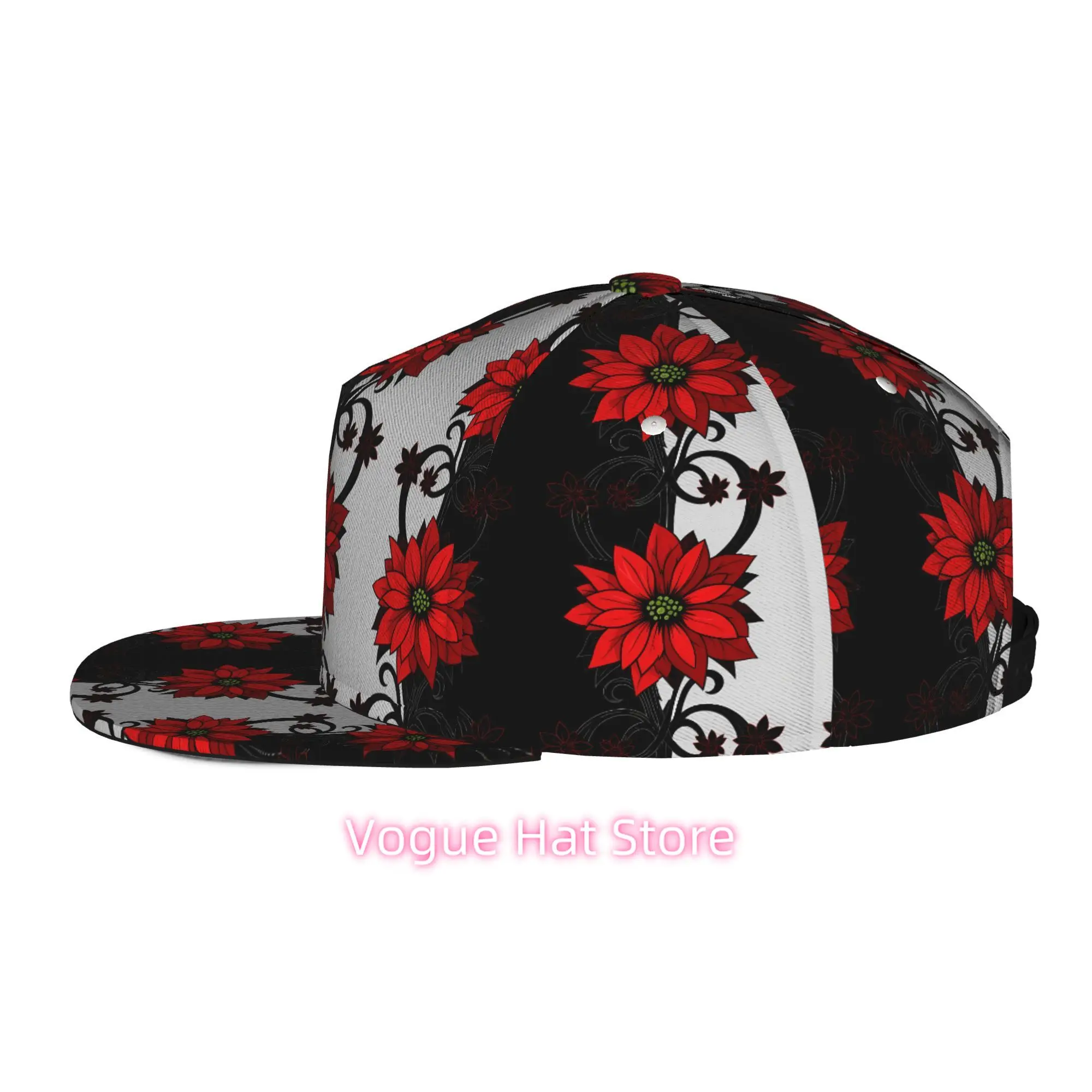 Men's and Women's Baseball Cap, Red Poinsettia Floral Pattern Adjustable Snap-on Brim, Flat-top Design - Suitable for Casual Out
