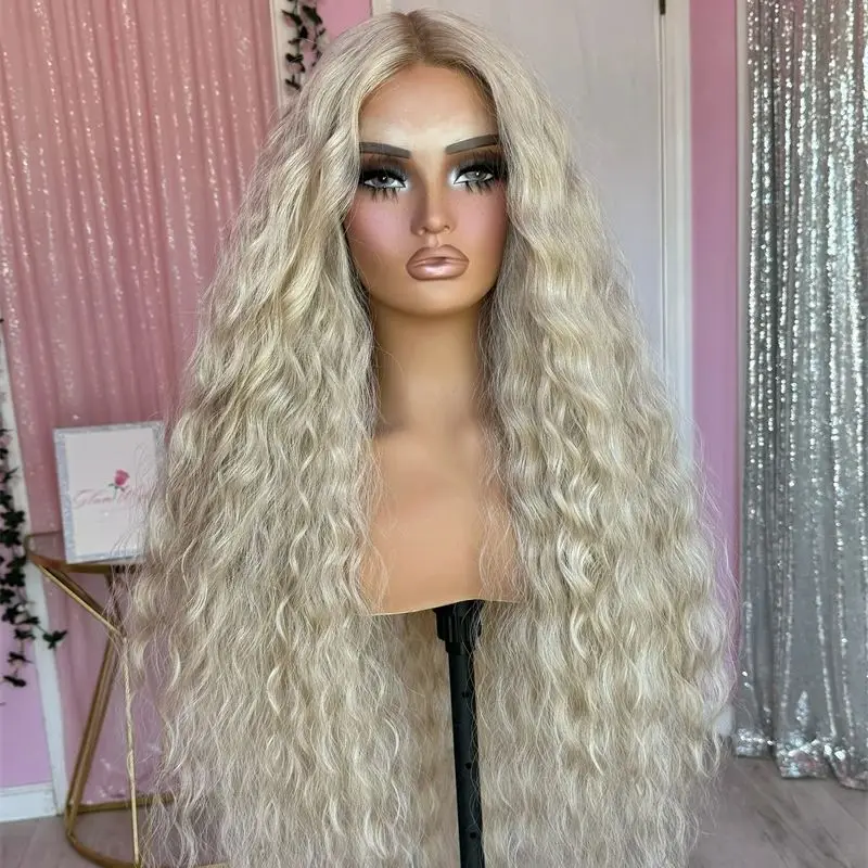 Glueless Wig Ombre PlatinumBlonde Good Quality Synthetic HD Invisible Lace Front Wig for Women Lady Girl Long Curly Wig 30 Inch