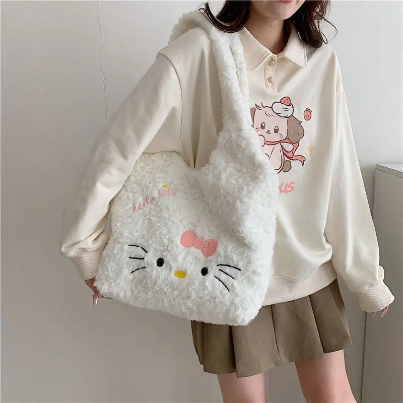 Cute Hello Kitty Large Capacity Plush Fluffy Shoulder Bag for Women, Sweet and Cute Zipper Plush Tote Bag for Commuting