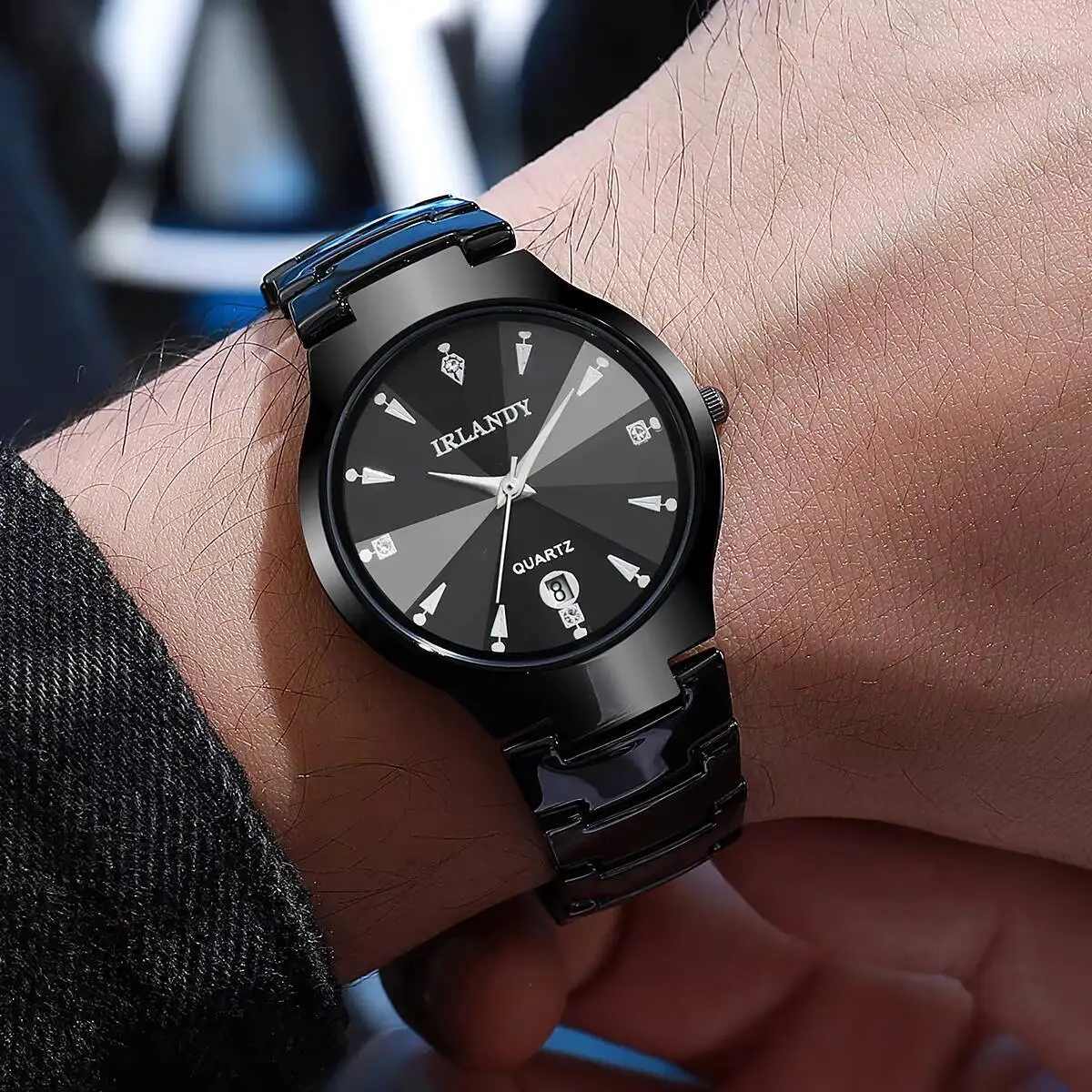 高級メンズビジネス腕時計ファッションステンレススチールストラップカレンダークォーツ時計メンズ時計リロイオンブレ（箱なし）