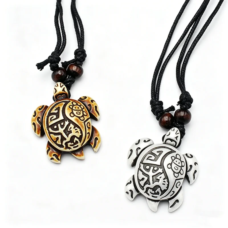 Tribal Turtle Pendant Necklace - Resin Hawaiian Sea Turtle, 2 Colors Adjustable Black Cord Surfer Boho Jewelry