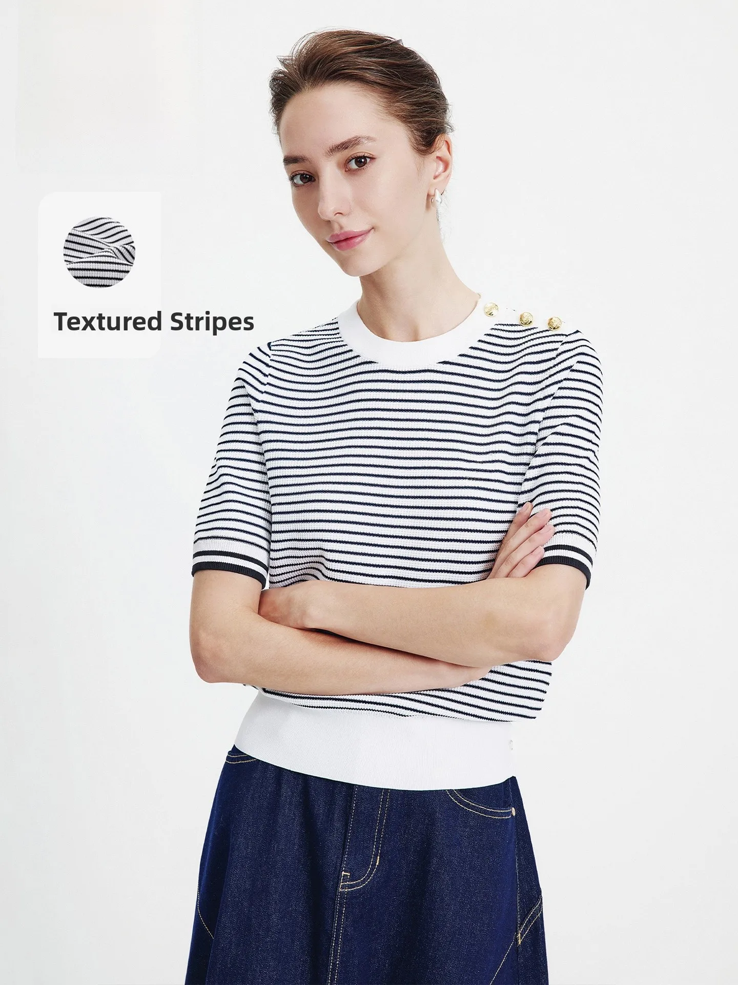 

Navigare Spring 2026 Women's High Elastic ort Sve Striped Knitted T-irt Comfortable Stand Fit Commute Sle Top