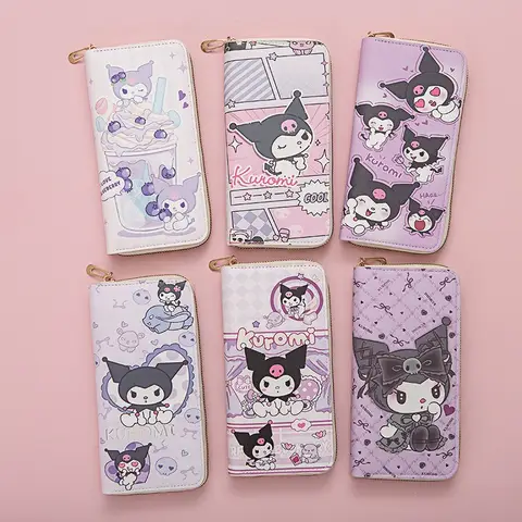 Sanrio Kuromi 롱 지갑 여학생 만화 Kuromi 신선한 대용량 휴대 전화 지갑 지퍼 카드 가방 클러치 백 New