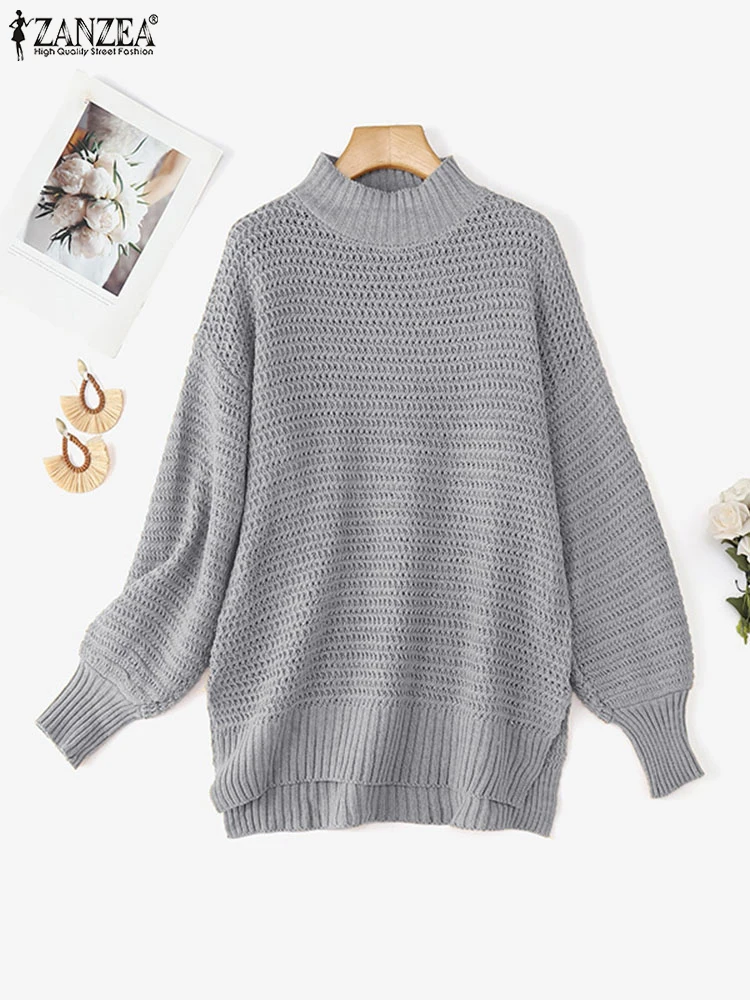 2025 ZANZEA 스타일리시 여성 가을 긴 랜턴 소매 니트 스웨터 두꺼운 풀오버 겨울 터틀넥 스웨터 오버사이즈 점퍼