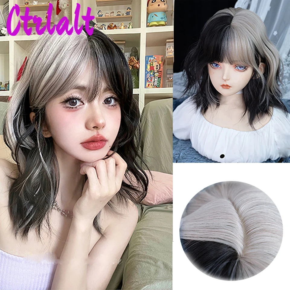 Synthetic Hair Wig Black Blone Curly Wig with Bangs Blue Highlight Halloween Hair for Women Cosplay Party Heat Resistant