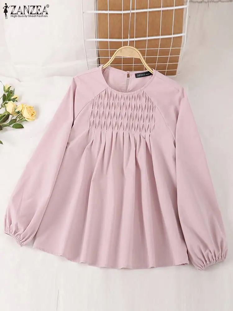 ZANZEA Autumn Women Long Sleeve Blouse Vintage Solid Pleated Shirt Casual O Neck Female Work Holiday Tops Oversize Tunic Blusas