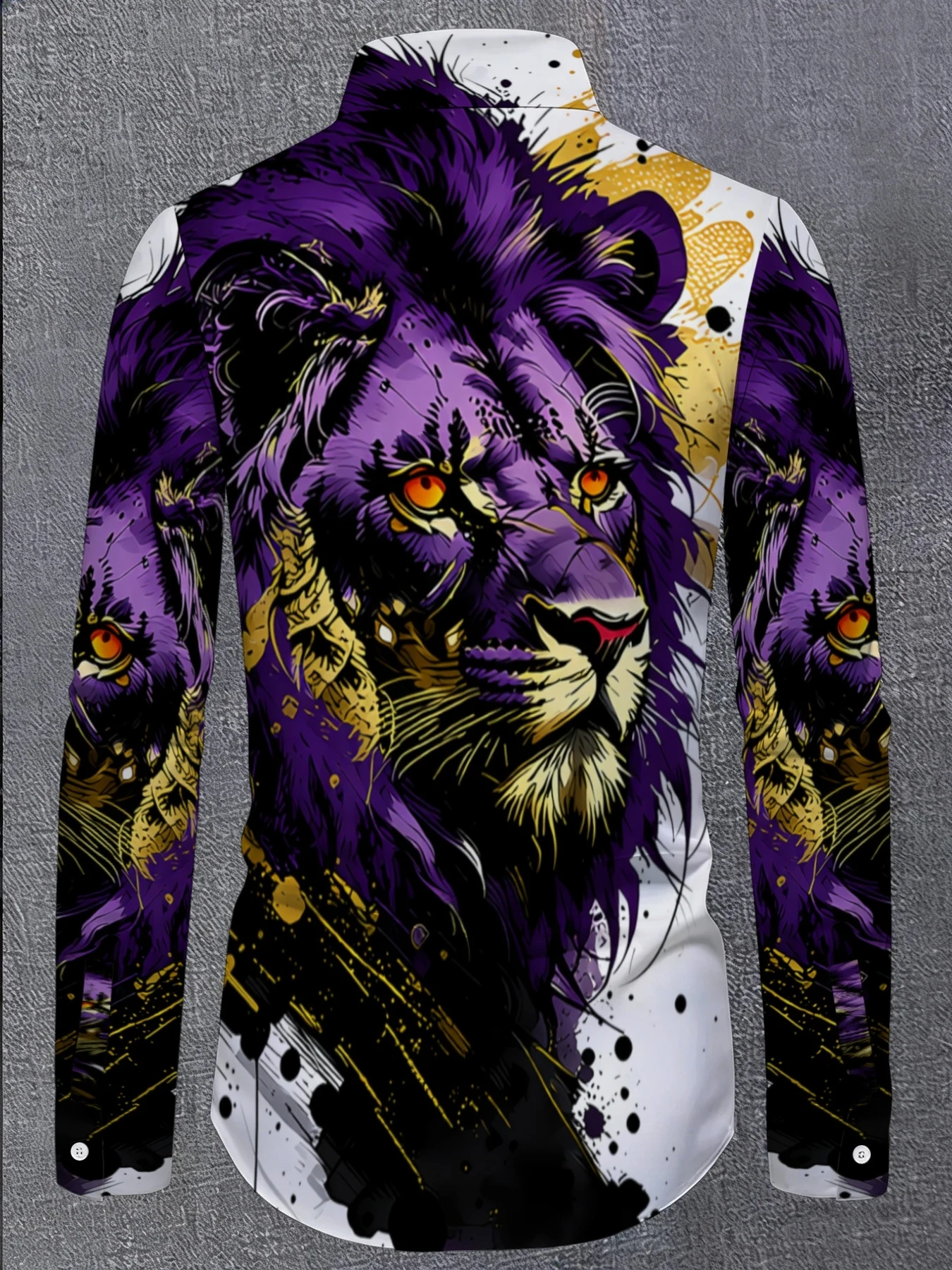 Men Long-Sleeve Button-Down Shirt Purple Gold Lion Splash Art Print Polyester Lapel Collar Party Casual Top