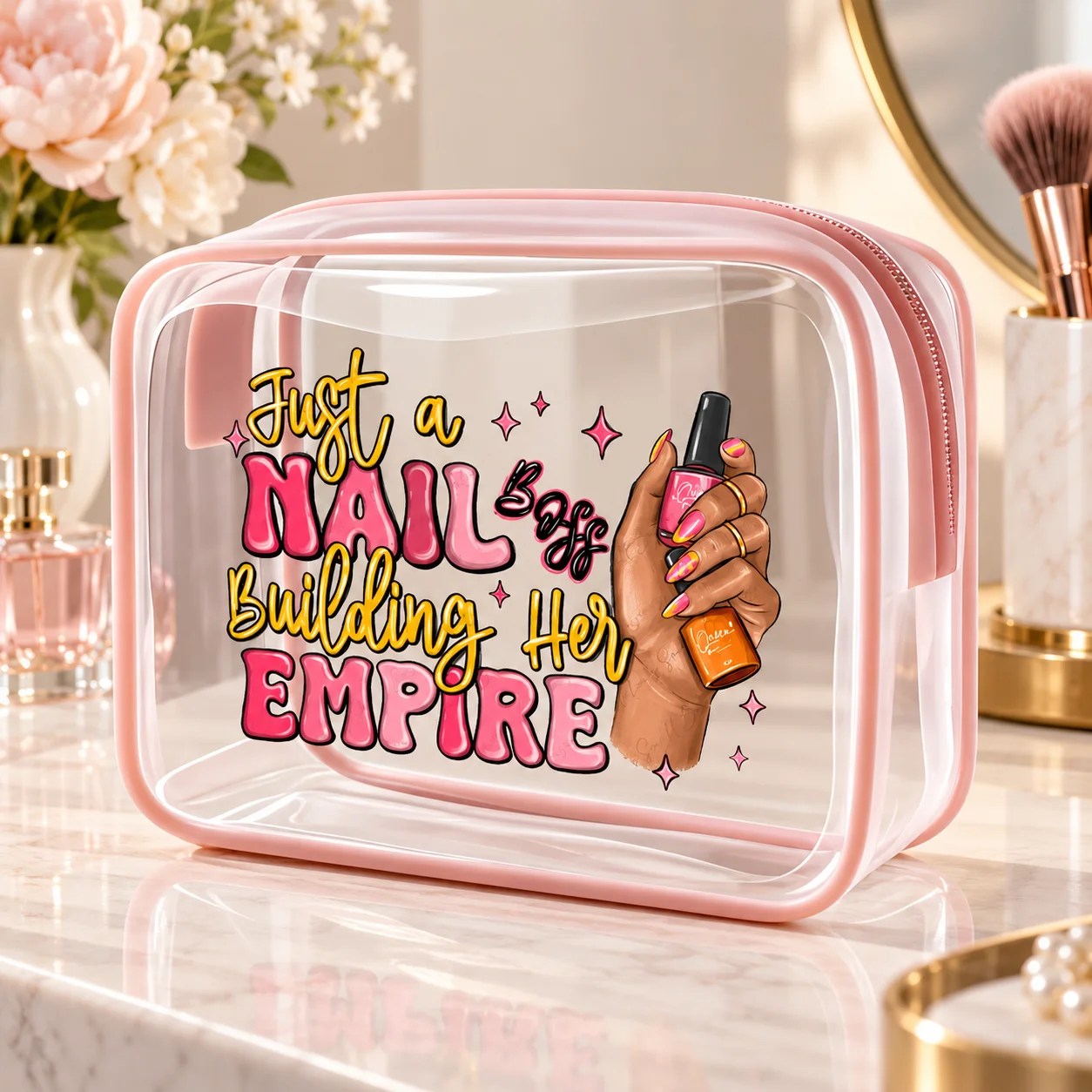 Transparent PVC Nail Bag Pink Cosmetic Organizer Travel Manicure Storage Pouch Nail Polish Beauty Tool Zipper Makeup Case